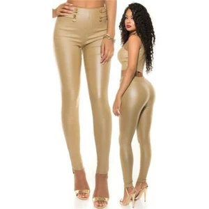 Sexy High-Waist Treggings IN Leather Look With Zier-Knöpfen Beige #H1381 - Picture 1 of 35