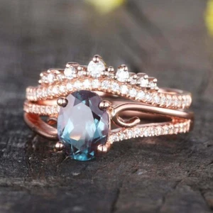 2 Ct Oval Cut Simulated Alexandrite Bridal Set Ring Set 14K Rose Gold Plated - Picture 1 of 5