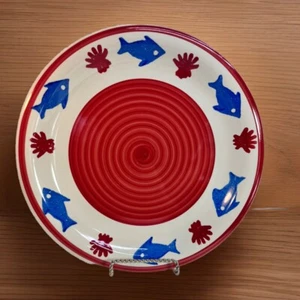 Gibson SCHOOL OF FISH Blue Red Swirl Stoneware 2 Dinner Plates 2 Dessert Plates - Picture 1 of 8