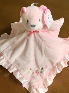 Trittstein rosa Bär Baby Sicherheitsdecke bestickt Blumen Velours Satin - Bild 1 von 8