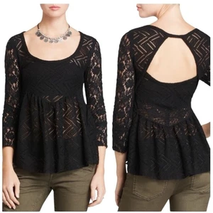 Babydoll Free People negro encaje peplum manga larga espalda abierta mediano - Imagen 1 de 7
