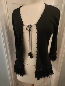 White House Black Market Women  Beaded Black Fringe Cardigan Size Small - Picture 1 of 6