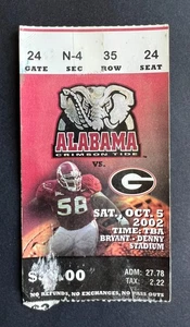 2002 NCAA Football Georgia Bulldogs vs Alabama Crimson Tide Ticket Stub 10/5/02 - Picture 1 of 2
