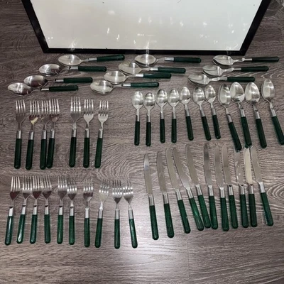 Vintage Emerald Green Acrylic Handle Stainless Flatware 50 PCs From Taiwan - Image 1 of 4