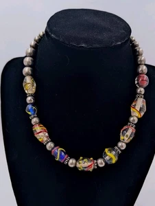 Italian Murano Venetian Millefiori Art Glass Beaded Necklace 17" U566 - Picture 1 of 14