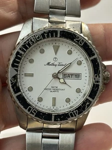 Mens Mathey Tissot White Dial Sport Quartz Wrist Watch Day & Date New Battery - Picture 1 of 3
