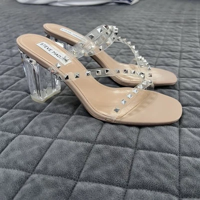 Sandálias sapatos femininos Steve Madden salto 7,5 cravejadas salto transparente biqueira quadrada - Imagem 1 de 4