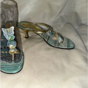 Couture Donald Pliner butterfly aqua gold Sandals, Sz 5, 2” heel - Picture 1 of 4