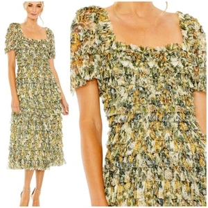 Mac Duggal NWT Multicolor Short Sleeve Micro Ruffle Tea Length Dress Size 10 - Picture 1 of 10