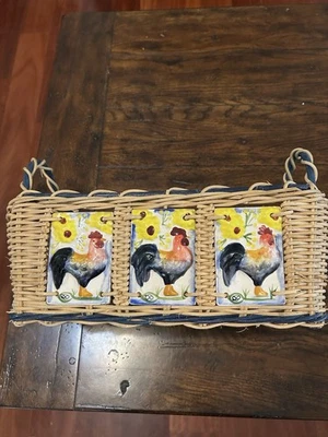 Vintage -Decorative  Basket with Handles With Ceramic Plates  Roosters 🐓 - Image 1 of 4