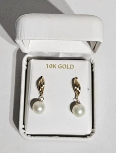 Vintage 10K Yellow Gold Crossover Dangle Pearl Earrings IPS - Picture 1 of 12