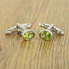 Handmade Oval Cut Green Peridot Gemstone Cufflinks 925 Sterling Silver Jewelry