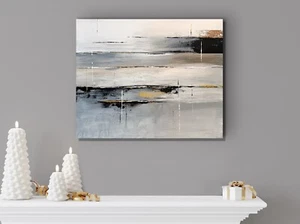 Original Abstract painting seascape beige indigo grey White blue gold signed - Picture 1 of 13