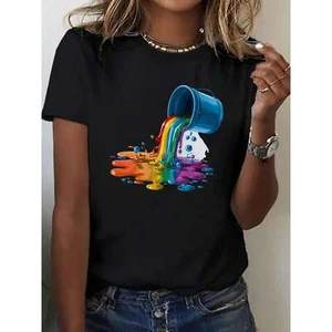 Colorful Painted Printed Women's T-shirt, Comfortable Round Neck Top - Picture 1 of 12