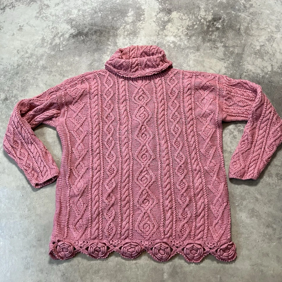 Yarnworks Handknit Sweater Womens Medium Pink Cable Knit Chunky Turtleneck Vtg - Image 1 of 4