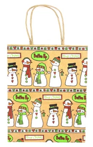 Snowman Family Gift Bag,Tan,Raffia Handle,Button Up,Hearts,7"x3.5x10" - Picture 1 of 2
