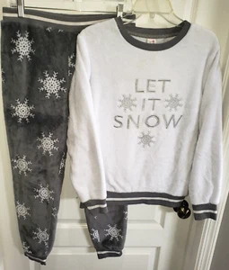 women LET IT SNOW gray white PAJAMAS FLEECE MEDIUM 8/10 2 PC SET SLEEPWEAR NICE! - Picture 1 of 1