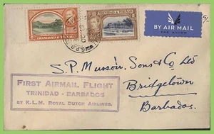 Copertura volo Trinidad & Tobago 1938 KLM per Barbados, con cachet di volo - Foto 1 di 2