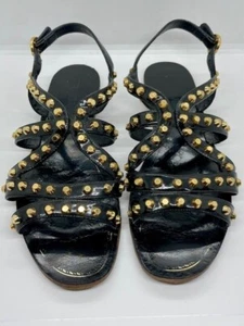PRADA Black Patent Leather w/ Gold Studs Strappy Flat Sandals Size 39.5 / 8.5 US - Picture 1 of 9