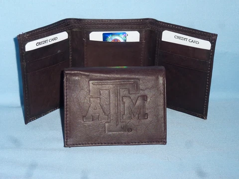 TEXAS A&M AGGIES   Leather TriFold Wallet    NEW    dkbr 3  m1 Cover