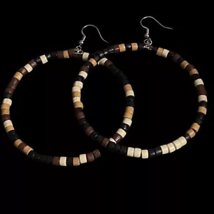 Handmade Crazy Mix Hoop Wood Bead Brown Earrings 2.5" - Picture 1 of 11