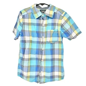 Oshkosh Boys Size 8 Short Sleeve Plaid Button-Up Shirt Cotton Blue Yellow - Picture 1 of 5