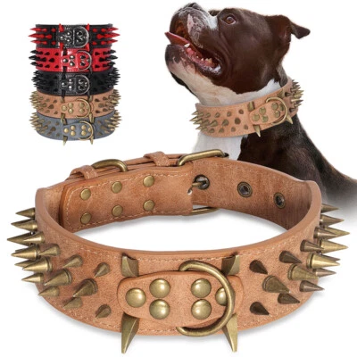 2''Wide Spiked Studded Dog Collar PU Leather Heavy Duty Adjustable for Pitbull - Image 1 of 4