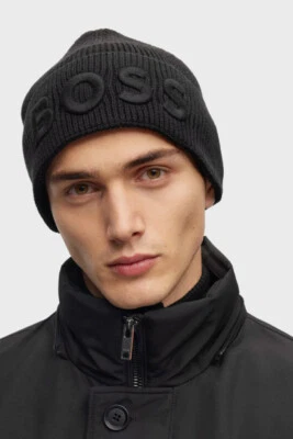 RARO Hugo Boss Para hombres Afox Bordado Logo Negro Acanalado Puño Gorro Nuevo Foto 1 de 4
