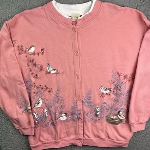 Vintage Artisans Sunschein Designs Cardigan Sweatshirt Pink Birds Grannycore - Picture 1 of 9