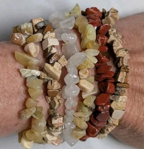Lot Of 6 Multicolored Natural Gemstone Stretchy Bracelet Jasper Agate Quartz - Picture 1 of 8