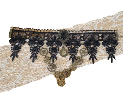 Steampunk Gothic Choker Bib Necklace Black Lace 12-15” Gears Clock Spike Jewelry - Image 1 of 4