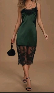 Lulus Love You Most Green Satin Black Lace Midi Dress Size Large Prom Hoco Sexy - Picture 1 of 9