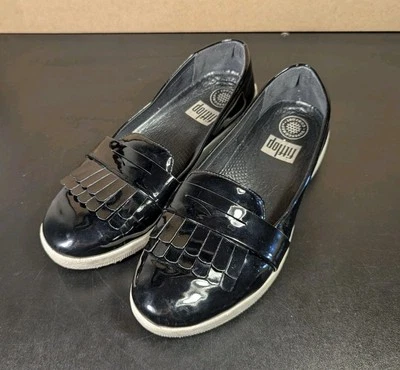 Fitflop Womens Fringe Loafer Black Patent Leather Wedge Kiltie J83-429 Size 7 - Image 1 of 4