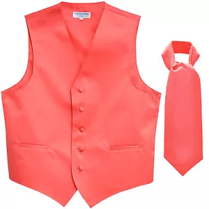 New Men's Formal Tuxedo Vest Waistcoat solid & Ascot cravat Coral Prom wedding - Picture 1 of 3