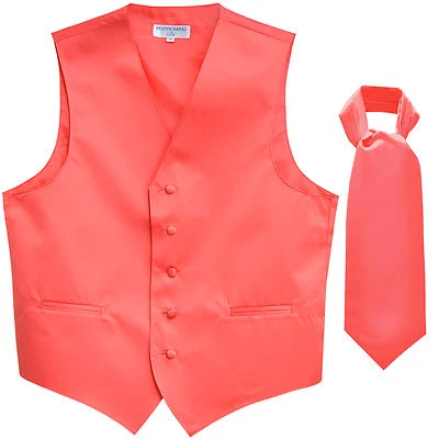 New Men's Formal Tuxedo Vest Waistcoat solid & Ascot cravat Coral Prom wedding - Image 1 of 3