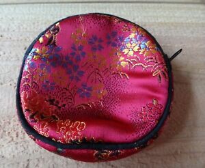 THREE 3.5" Dk Pinkish Chinese Flower Fabric Jewelry Charm Gift Zipper Bag varies