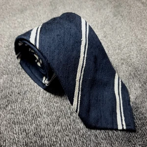 Navy Blue Striped Silk Shantung Untipped Tie (Handmade in Italy) - Picture 1 of 4