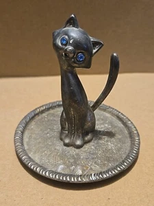 Vintage Katze Kätzchen EP Zinklegierung Silber Ring Halter Schmuck Tablett Schwanz nach oben sammeln - Bild 1 von 4