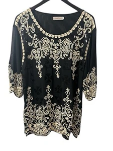 Simply Couture 3XL Plus Formal Tunic embroidered embellishment Black Gold EUC - Picture 1 of 10