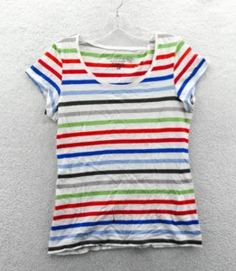 H&M Sweater Medium Womens Lightweight Short Sleeve Scoop Neck Knit White Striped - Picture 1 of 9