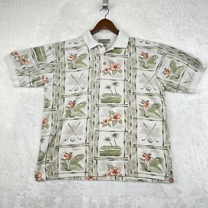 Boca Classics Hawaiian Polo Shirt Mens Large Cream Golfer Floral Palm Trees Soft