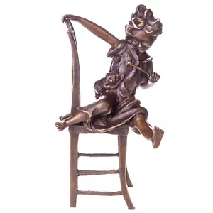 Bronzeskulptur Mädchen auf Stuhl mit Katze Jugendstil nach "Franz Iffland" - Bild 1 von 4