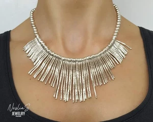 Statement Kette mit Stäbchen Anhängern, Gothic Bohemian Mittelalter Metall Silbe - Picture 1 of 8