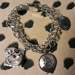 Bracciale Vintage Elco Sterling 925 Doppia Maglia Catena Charm con 3 Charms Sterling - Foto 1 di 10