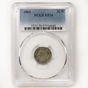 1865 III 3 Cent Nickel 3C U.S. Coin PCGS VF30 Detail - Picture 1 of 4