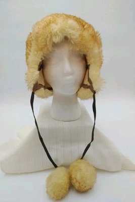 VTG 70's Leather Fur Hat w Bobble Ties Lamb Skin Ladies Pom Pom Balls (Read) - Image 1 of 4
