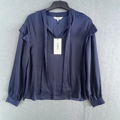 Farhi By Nicole Farhi Blouse Size XS Womens Navy Blue Satin Ruffle Tie New - Изображение 1 из 4
