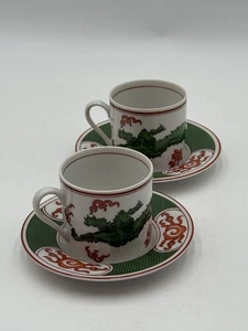 Vintage FITZ & FLOYD Dragon Crest Green Teacup Small Demitasse Set Of 2 - Picture 1 of 8