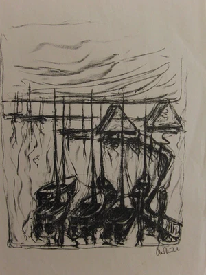 Otto Muehl 1925-2013 Lithographie Boote im Hafen in Blei signiert ungerahmt - Bild 1 von 4