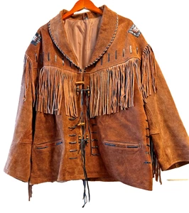Giacca in pelle scamosciata cowboy western nativi americani 3XL frange ossa cappotto con perline - Foto 1 di 20
